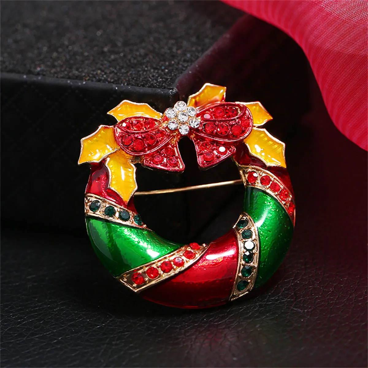 Red Cubic Zirconia & Enamel 18K Gold-Plated Christmas Bow Wreath Brooch