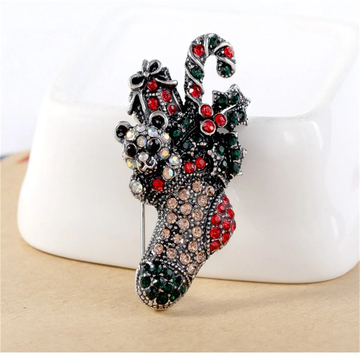 Red Cubic Zirconia & Silver-Plated Christmas Gift Box Stocking Brooch