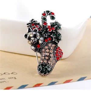 Red Cubic Zirconia & Silver-Plated Christmas Gift Box Stocking Brooch