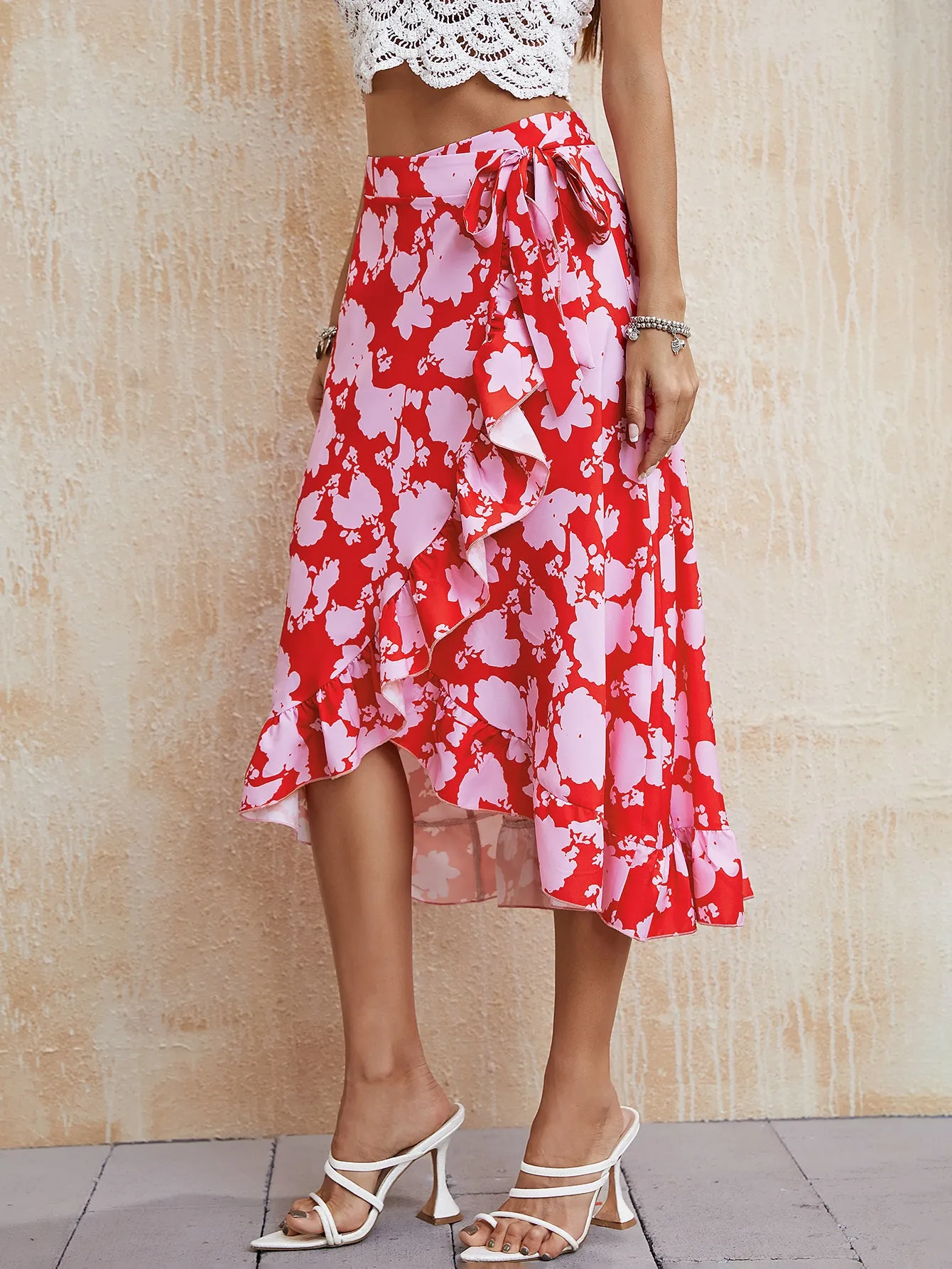 Red Floral Print Ruffle Skirt