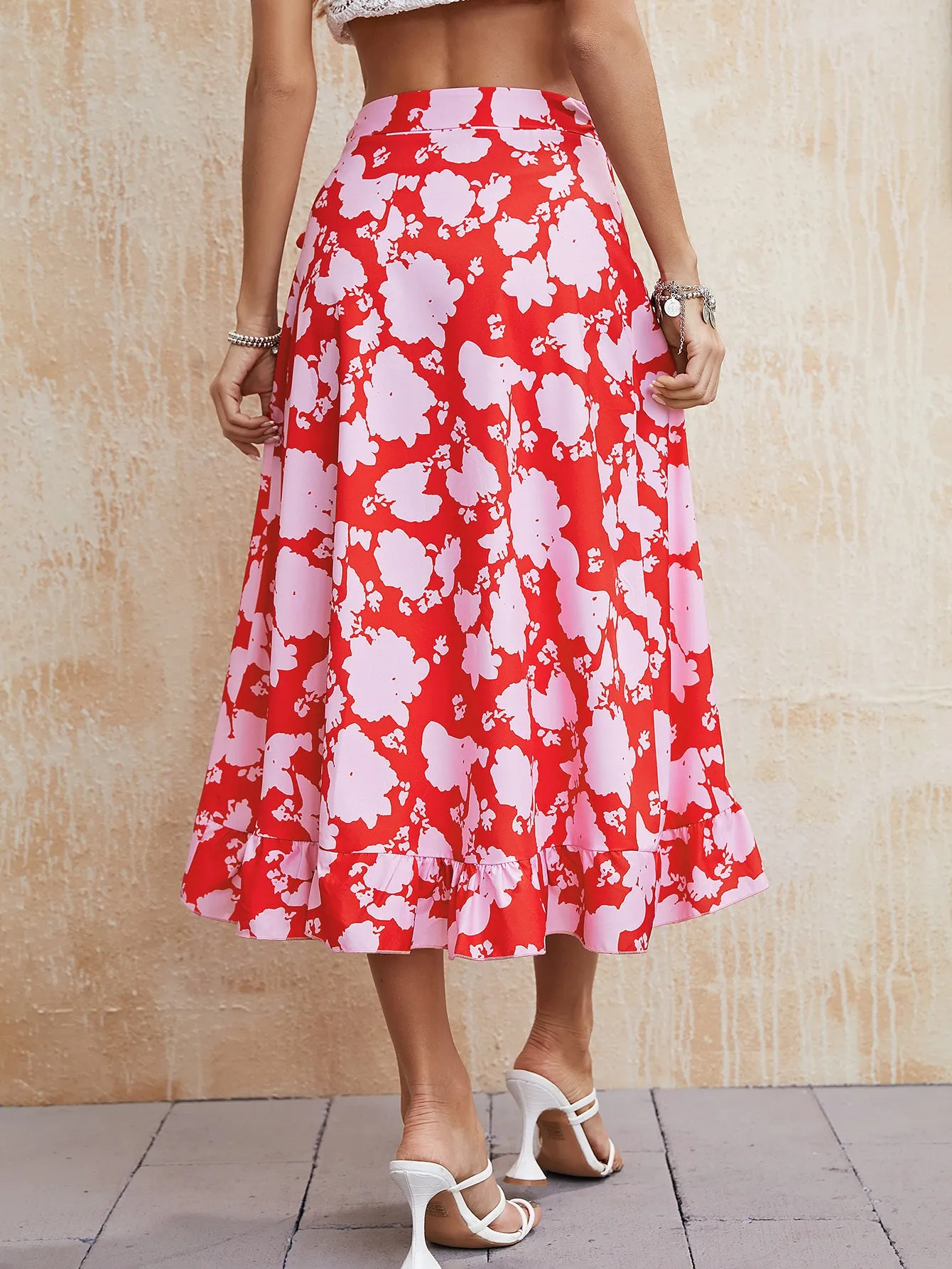 Red Floral Print Ruffle Skirt