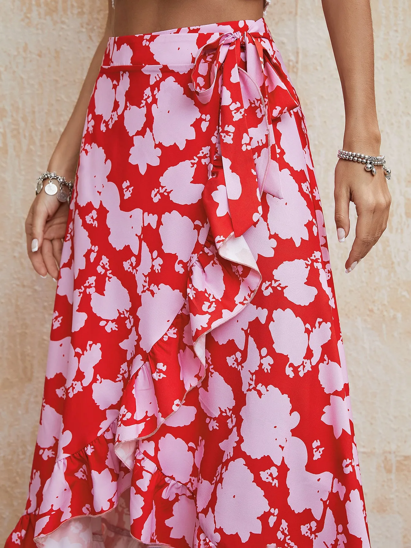 Red Floral Print Ruffle Skirt