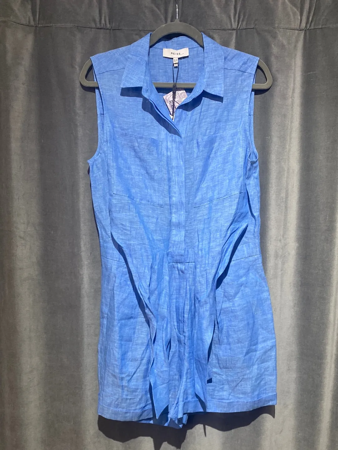 REISS Blue Collared linen Sleeveless Short Romper