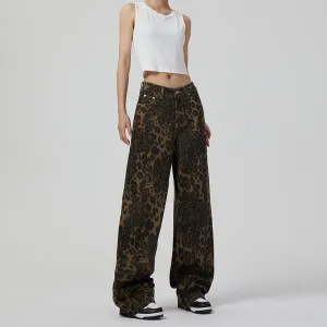 Retro Wide Leg Leopard Print Loose Wide Leg Jeans