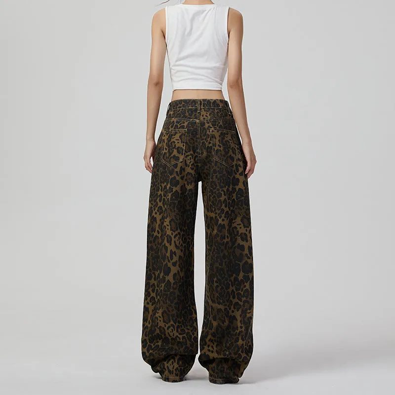 Retro Wide Leg Leopard Print Loose Wide Leg Jeans