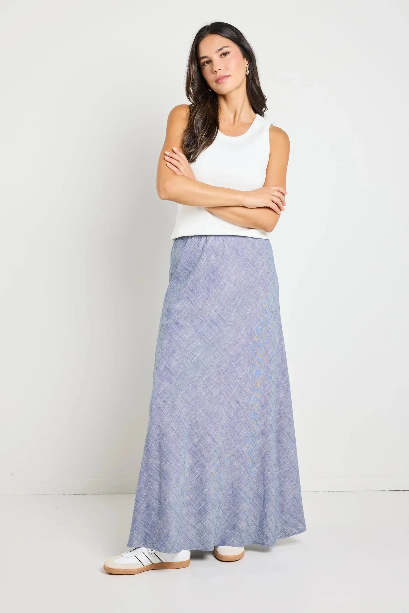REUNION Lagos Chambray Bias Cut Maxi Skirt Blue