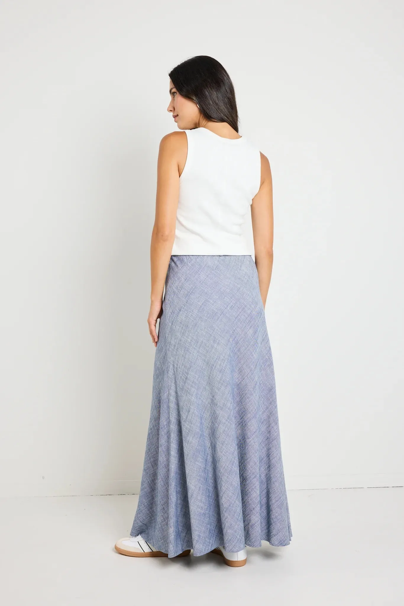 REUNION Lagos Chambray Bias Cut Maxi Skirt Blue