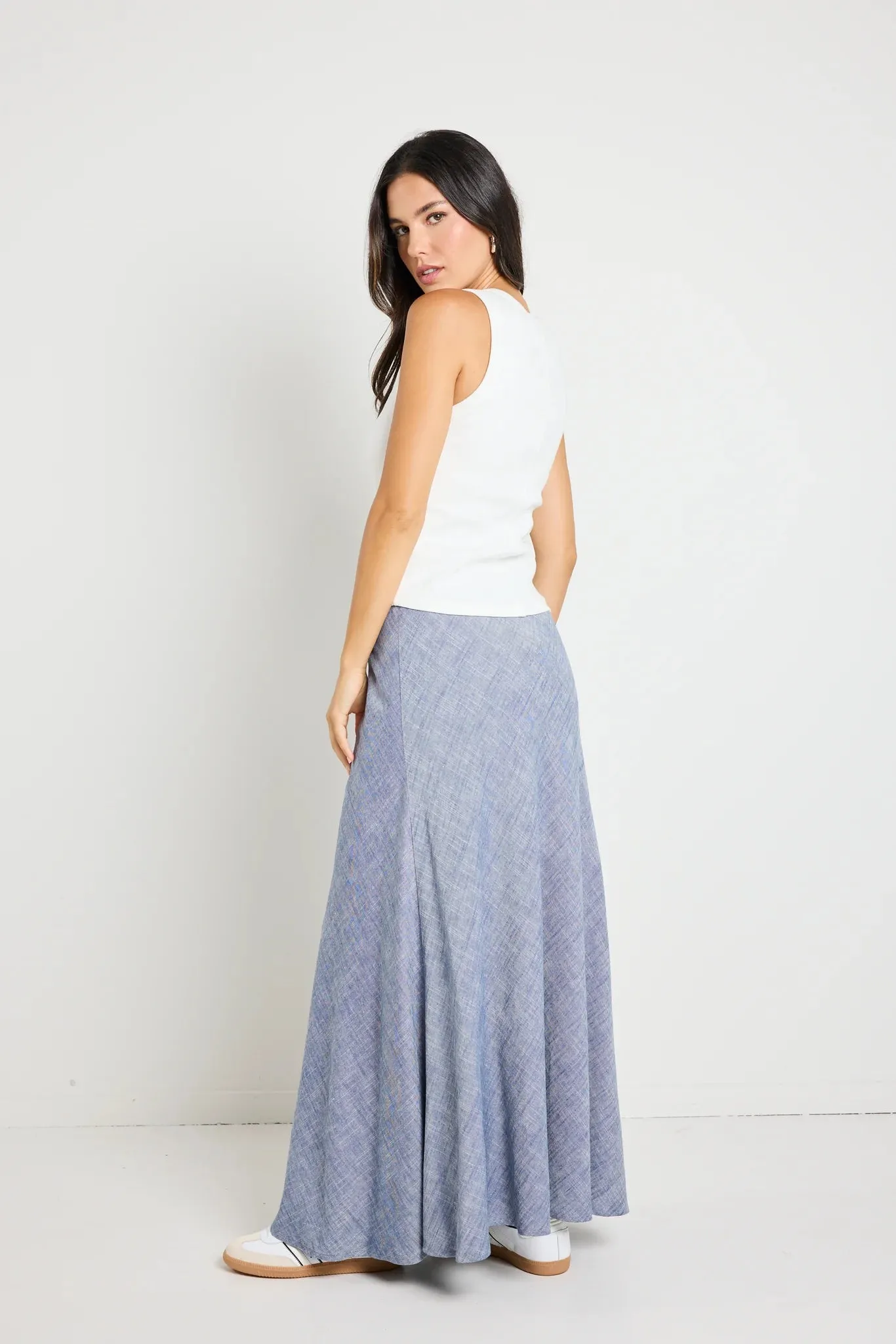 REUNION Lagos Chambray Bias Cut Maxi Skirt Blue