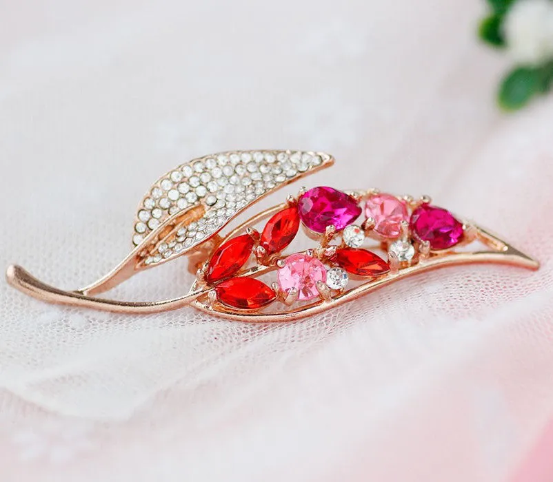 Rhinestone Studded Leaf Brooch