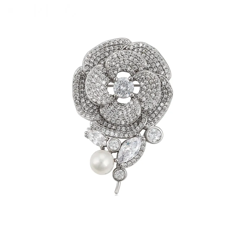 Rhodium Plated Pearl & Cz Diamond Flower Brooch