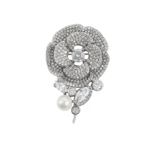 Rhodium Plated Pearl & Cz Diamond Flower Brooch