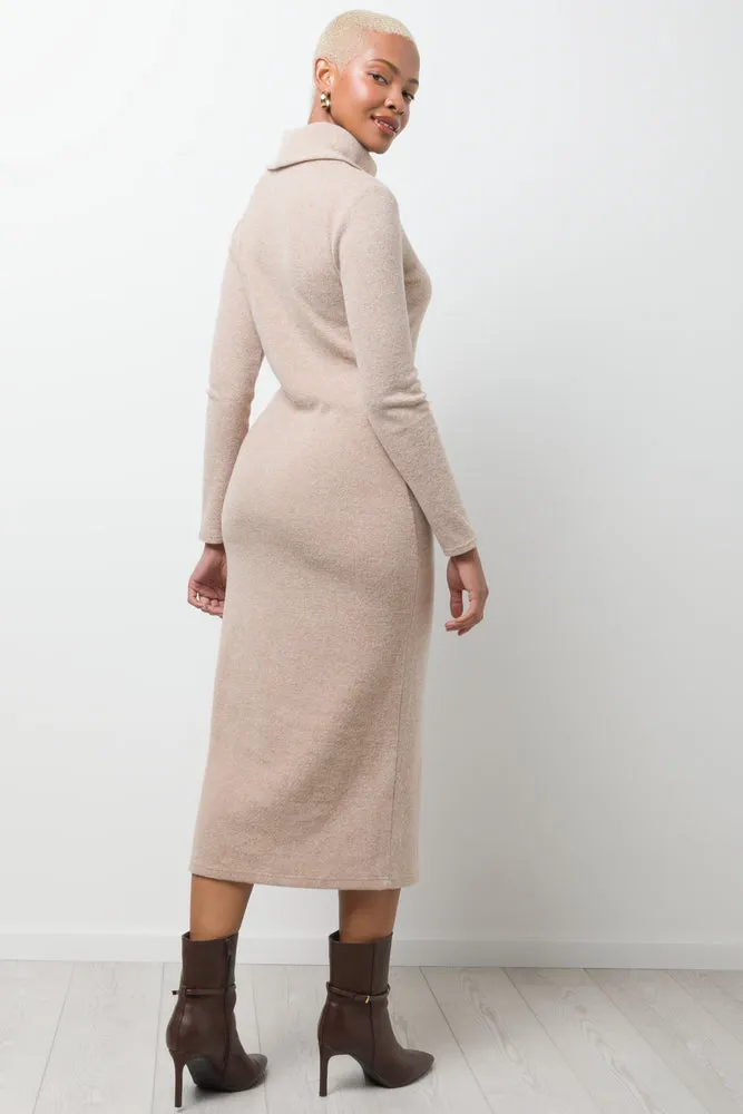 Rib Poloneck Maxi Bodycon Dress Natural
