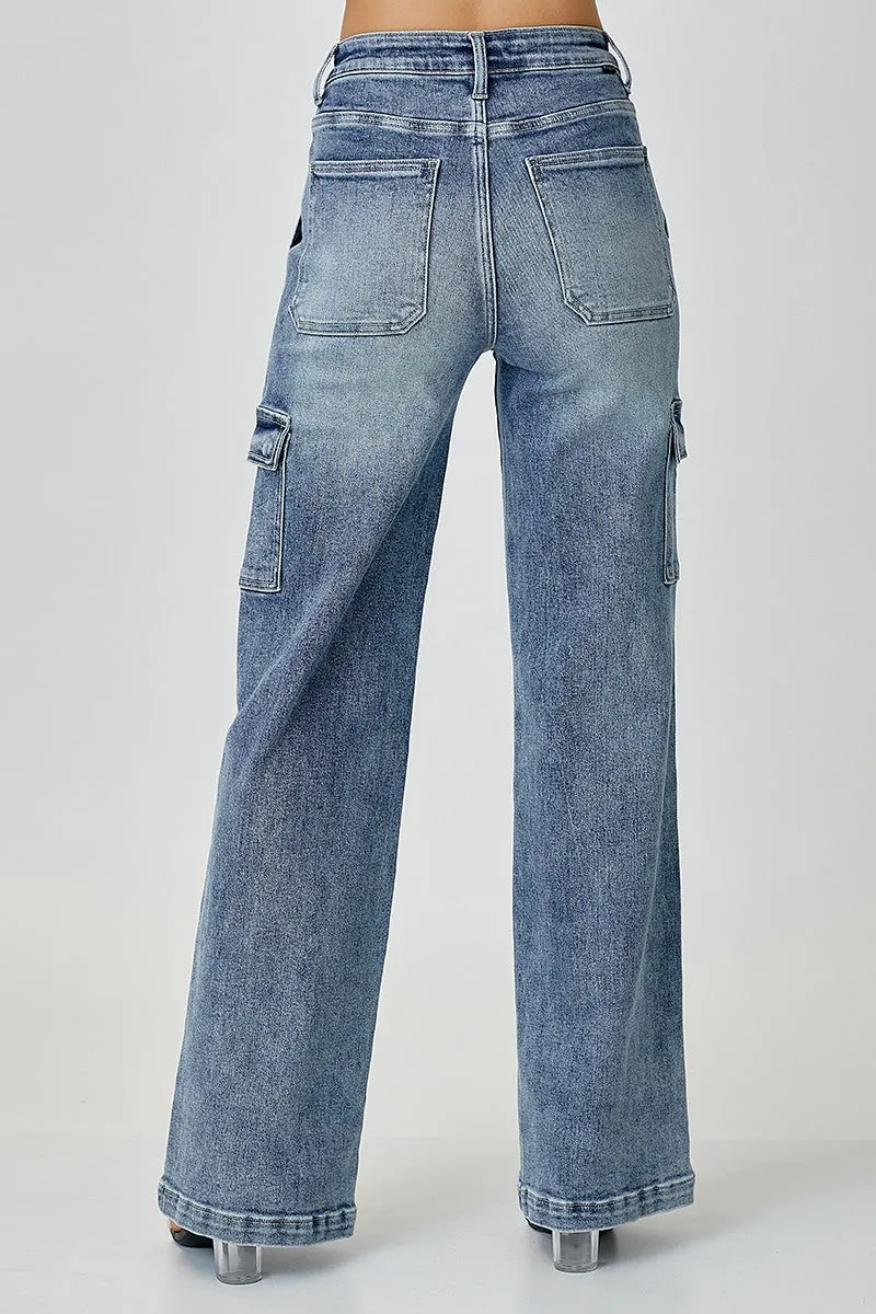 Risen Mid Rise Drawstring Cargo Wide Leg Jeans
