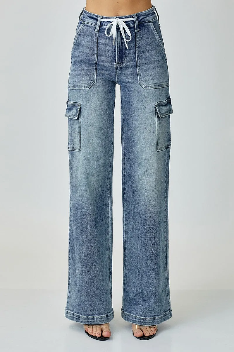 Risen Mid Rise Drawstring Cargo Wide Leg Jeans
