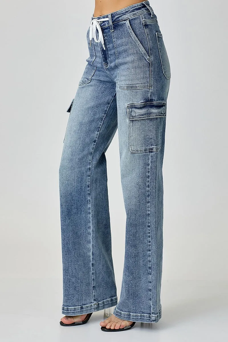 Risen Mid Rise Drawstring Cargo Wide Leg Jeans