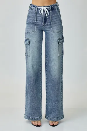 Risen Mid Rise Drawstring Cargo Wide Leg Jeans