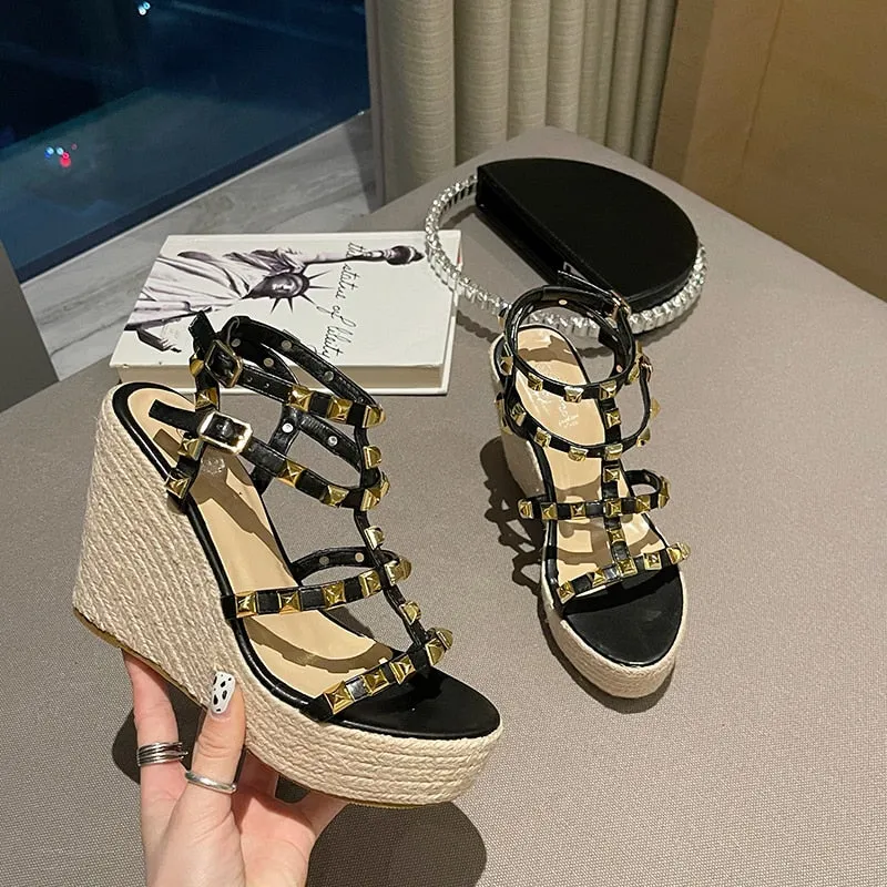 Rivet  Open Toe Ankle Buckle Strap Wedges Sandals