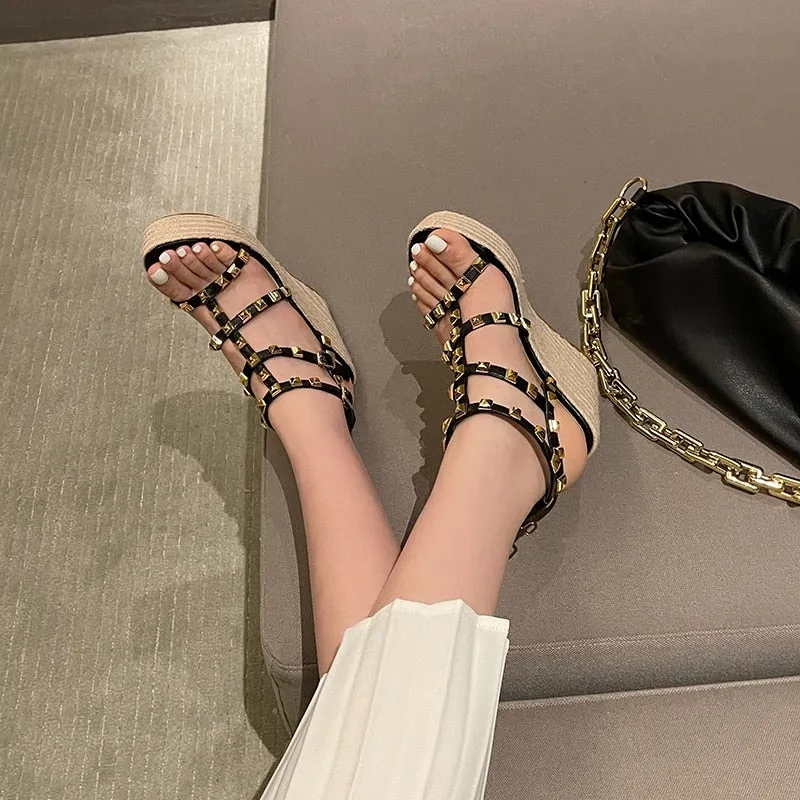 Rivet  Open Toe Ankle Buckle Strap Wedges Sandals