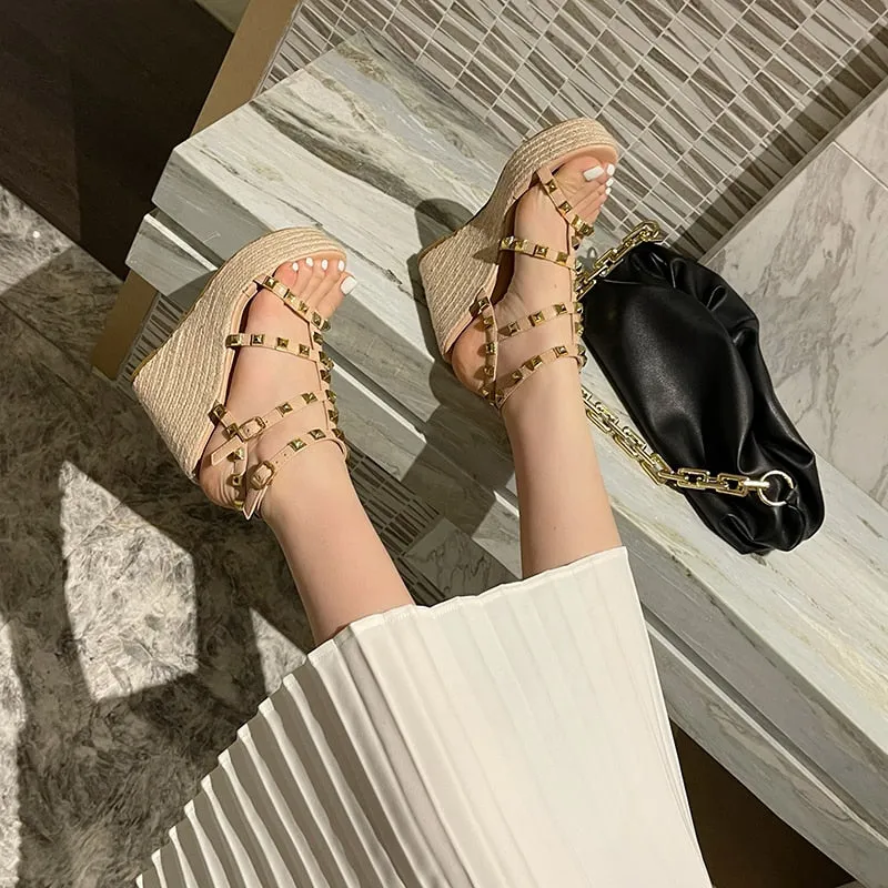 Rivet  Open Toe Ankle Buckle Strap Wedges Sandals