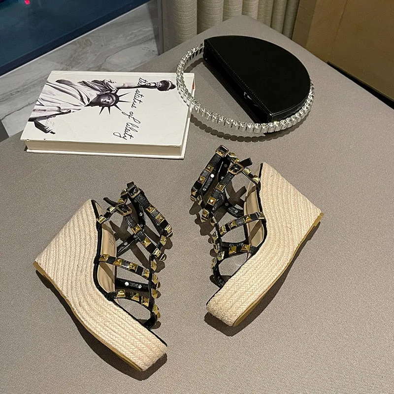 Rivet  Open Toe Ankle Buckle Strap Wedges Sandals