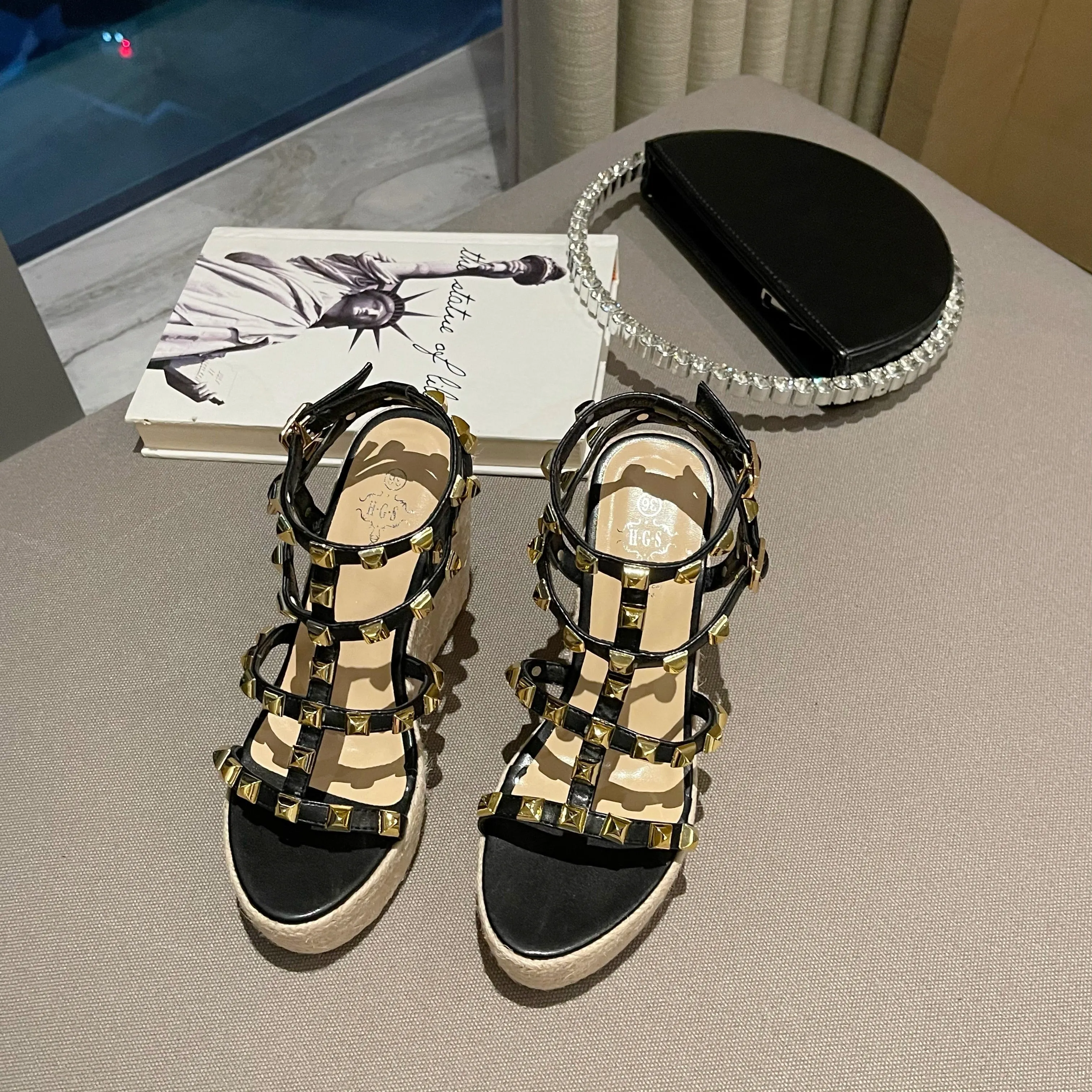 Rivet  Open Toe Ankle Buckle Strap Wedges Sandals