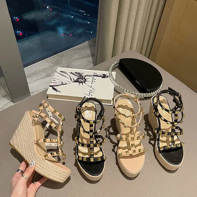 Rivet  Open Toe Ankle Buckle Strap Wedges Sandals