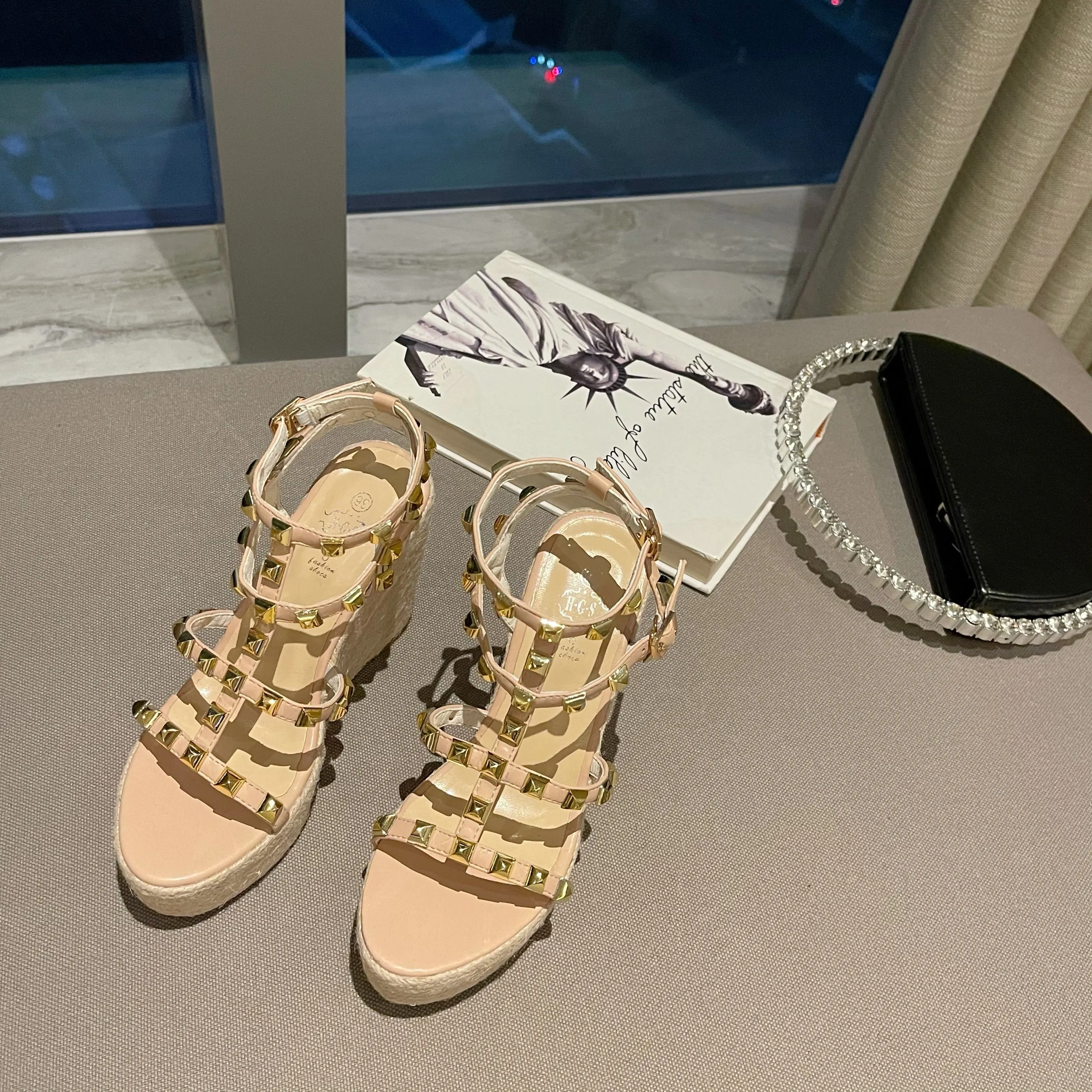 Rivet  Open Toe Ankle Buckle Strap Wedges Sandals