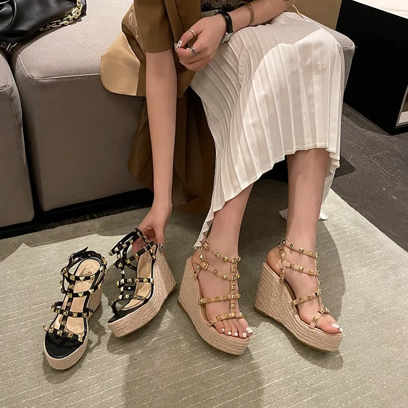 Rivet  Open Toe Ankle Buckle Strap Wedges Sandals