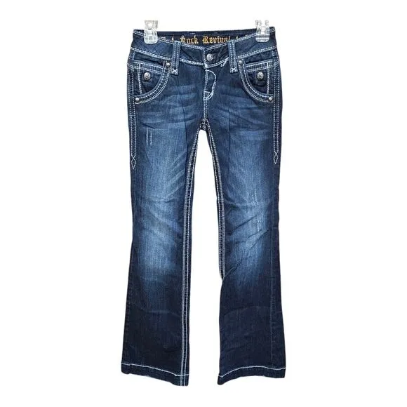 ROCK REVIVAL ELIZABETH WIDE LEG Womens 25 Medium Dark Distress Flap Pocket Jeans