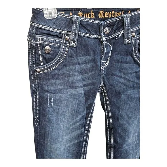 ROCK REVIVAL ELIZABETH WIDE LEG Womens 25 Medium Dark Distress Flap Pocket Jeans