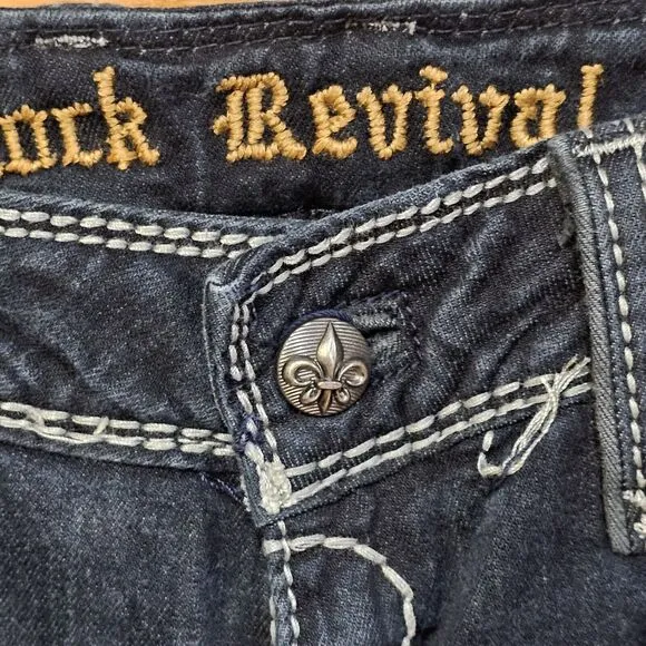 ROCK REVIVAL ELIZABETH WIDE LEG Womens 25 Medium Dark Distress Flap Pocket Jeans