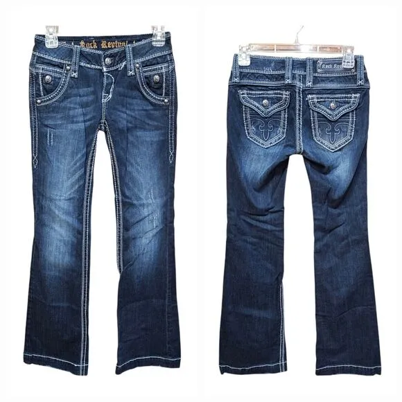 ROCK REVIVAL ELIZABETH WIDE LEG Womens 25 Medium Dark Distress Flap Pocket Jeans