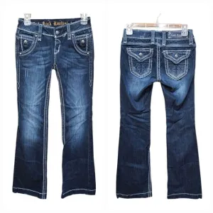 ROCK REVIVAL ELIZABETH WIDE LEG Womens 25 Medium Dark Distress Flap Pocket Jeans