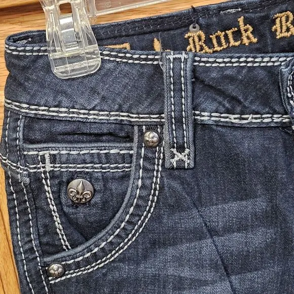 ROCK REVIVAL ELIZABETH WIDE LEG Womens 25 Medium Dark Distress Flap Pocket Jeans