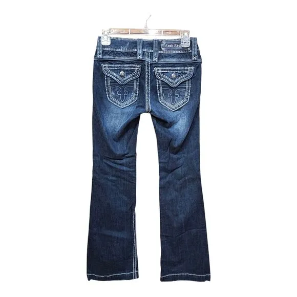 ROCK REVIVAL ELIZABETH WIDE LEG Womens 25 Medium Dark Distress Flap Pocket Jeans