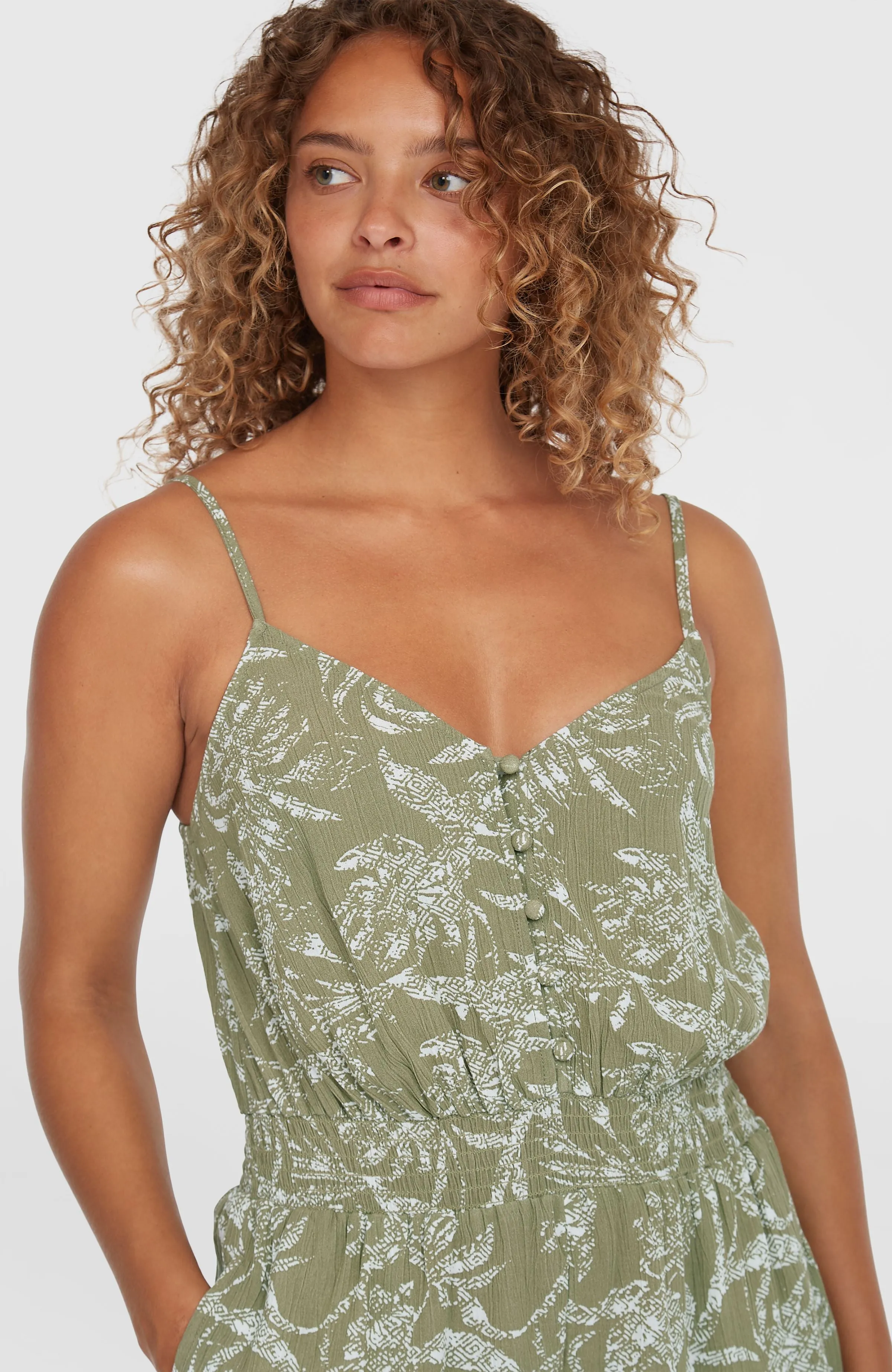 Romper mit Knöpfen und schmalen Trägern | Green Textured Jungle