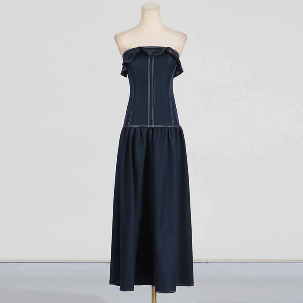 Ruffle Denim Jumpsuit Navy Blue Romper