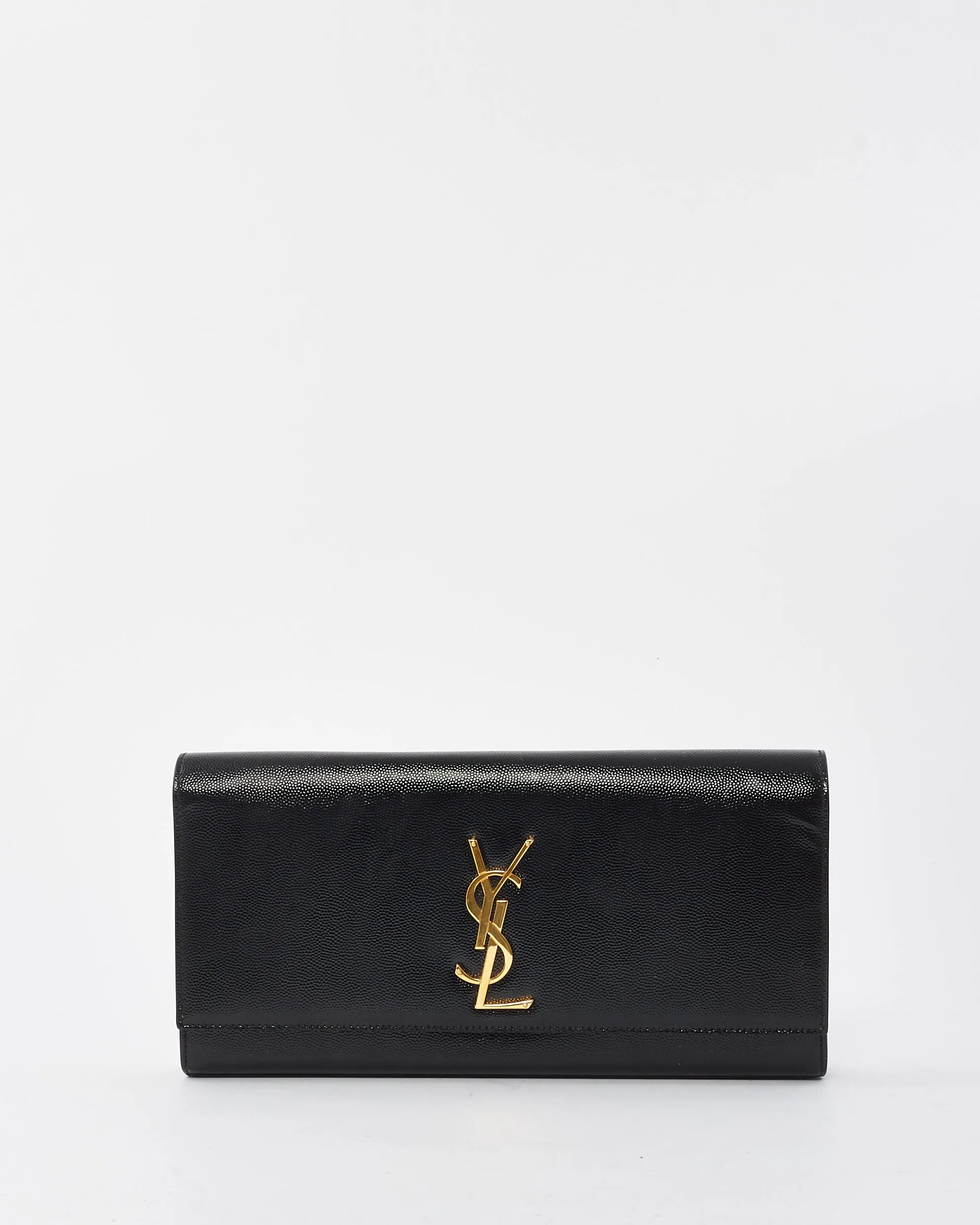 Saint Laurent Black Grained Leather YSL Logo Embossed Clutch