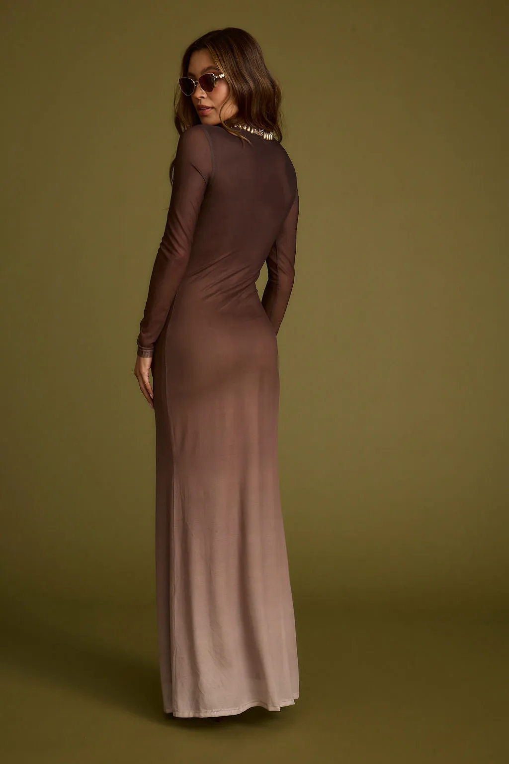 Salta Mocha Ombre Mesh Long Sleeve Maxi Dress