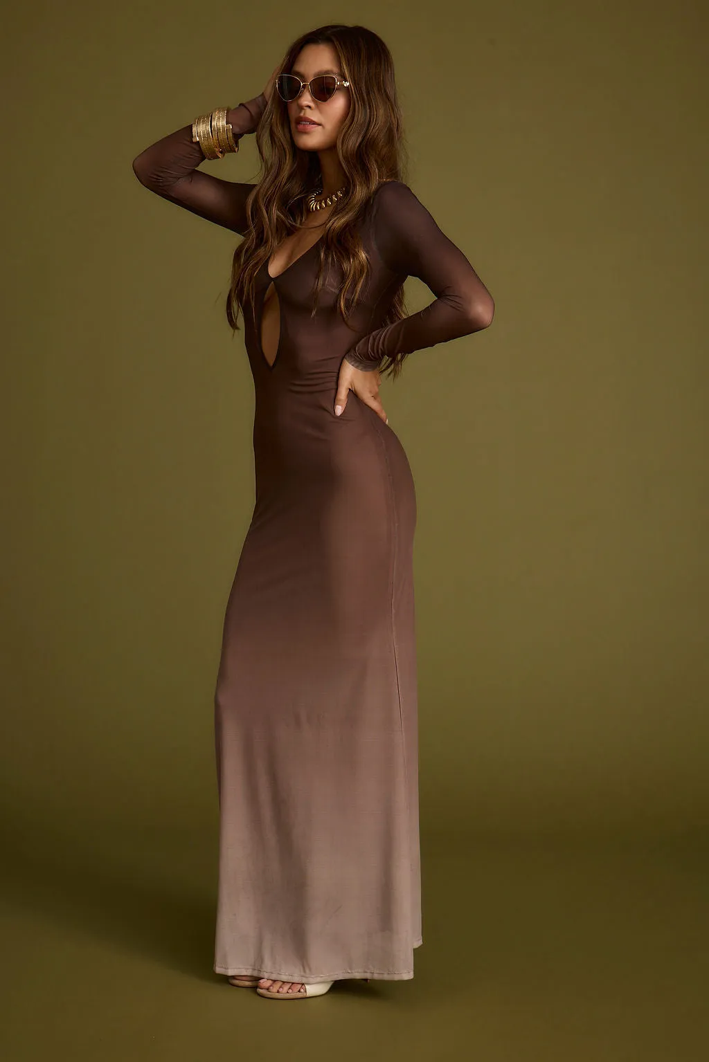 Salta Mocha Ombre Mesh Long Sleeve Maxi Dress