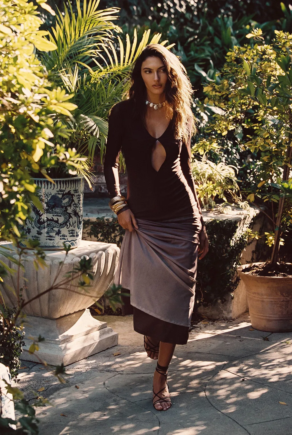 Salta Mocha Ombre Mesh Long Sleeve Maxi Dress