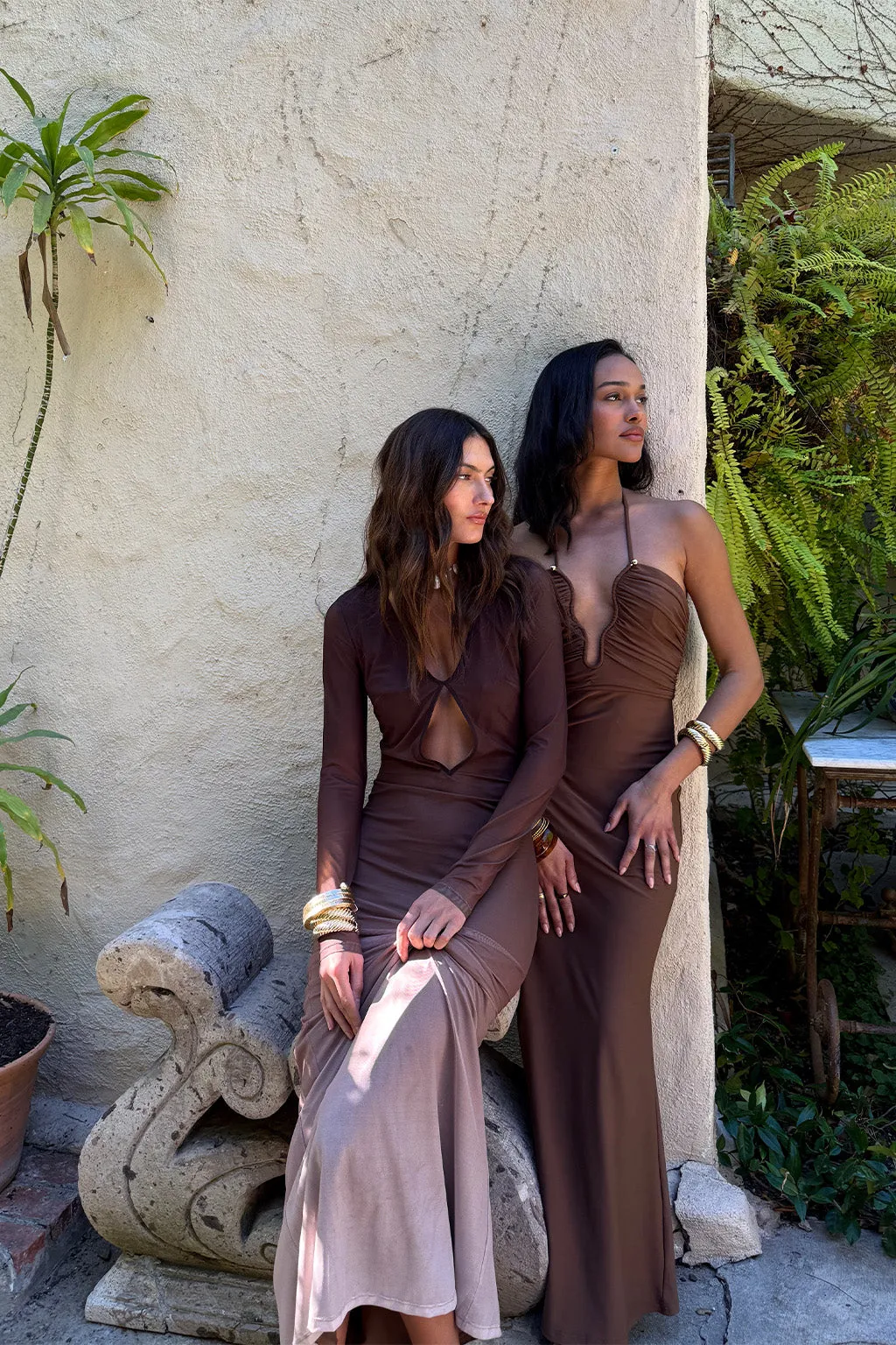Salta Mocha Ombre Mesh Long Sleeve Maxi Dress