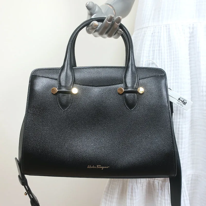 Salvatore Ferragamo Today Small Satchel Black Pebbled Leather Crossbody NEW