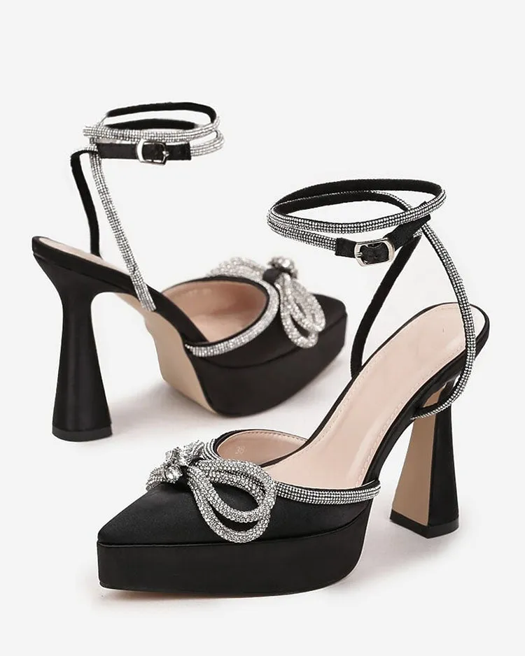 Satin Rhinestone Platform Bow Heels