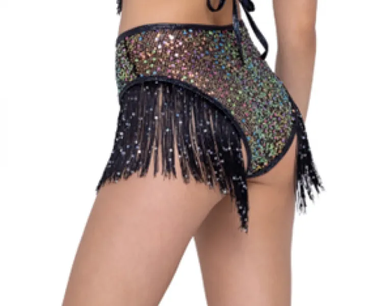 Sequin Fishnet High Waisted Shorts with Fringe Detail - Black -