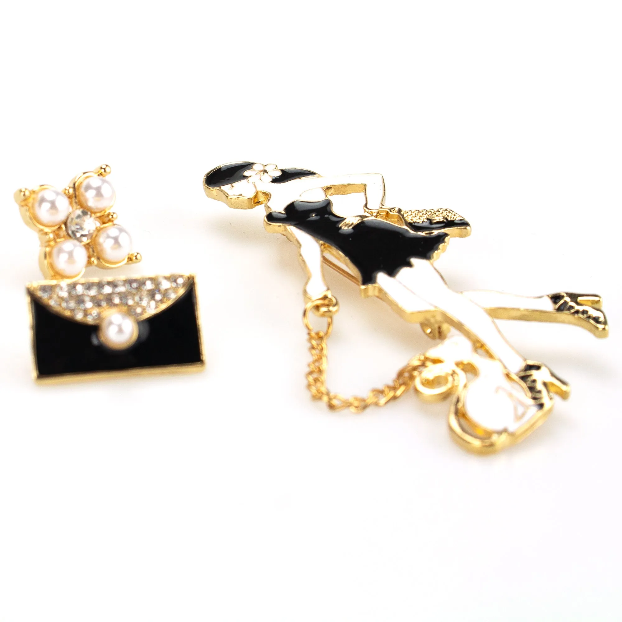 Set of 3 Brooches - Girl with a Cat, Ornament and Black Handbag