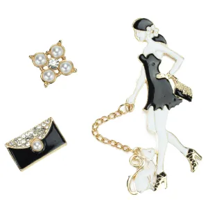 Set of 3 Brooches - Girl with a Cat, Ornament and Black Handbag