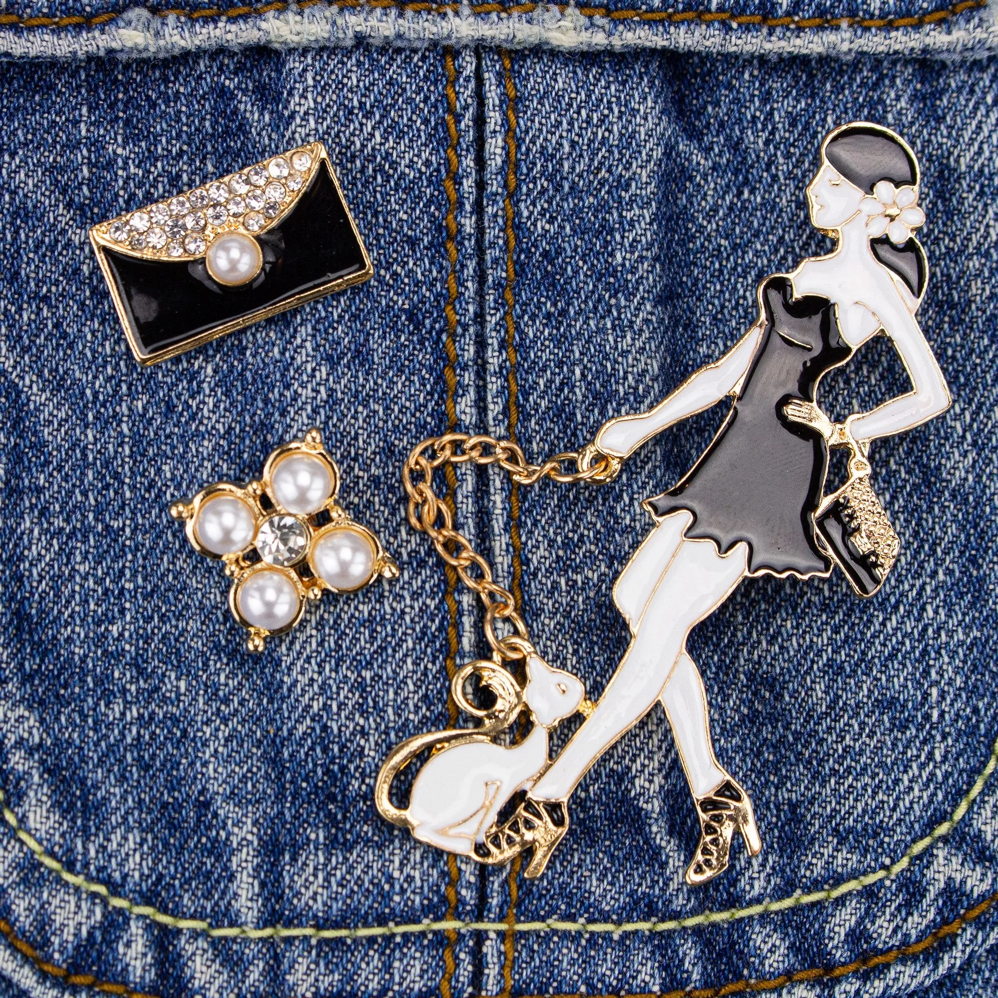 Set of 3 Brooches - Girl with a Cat, Ornament and Black Handbag