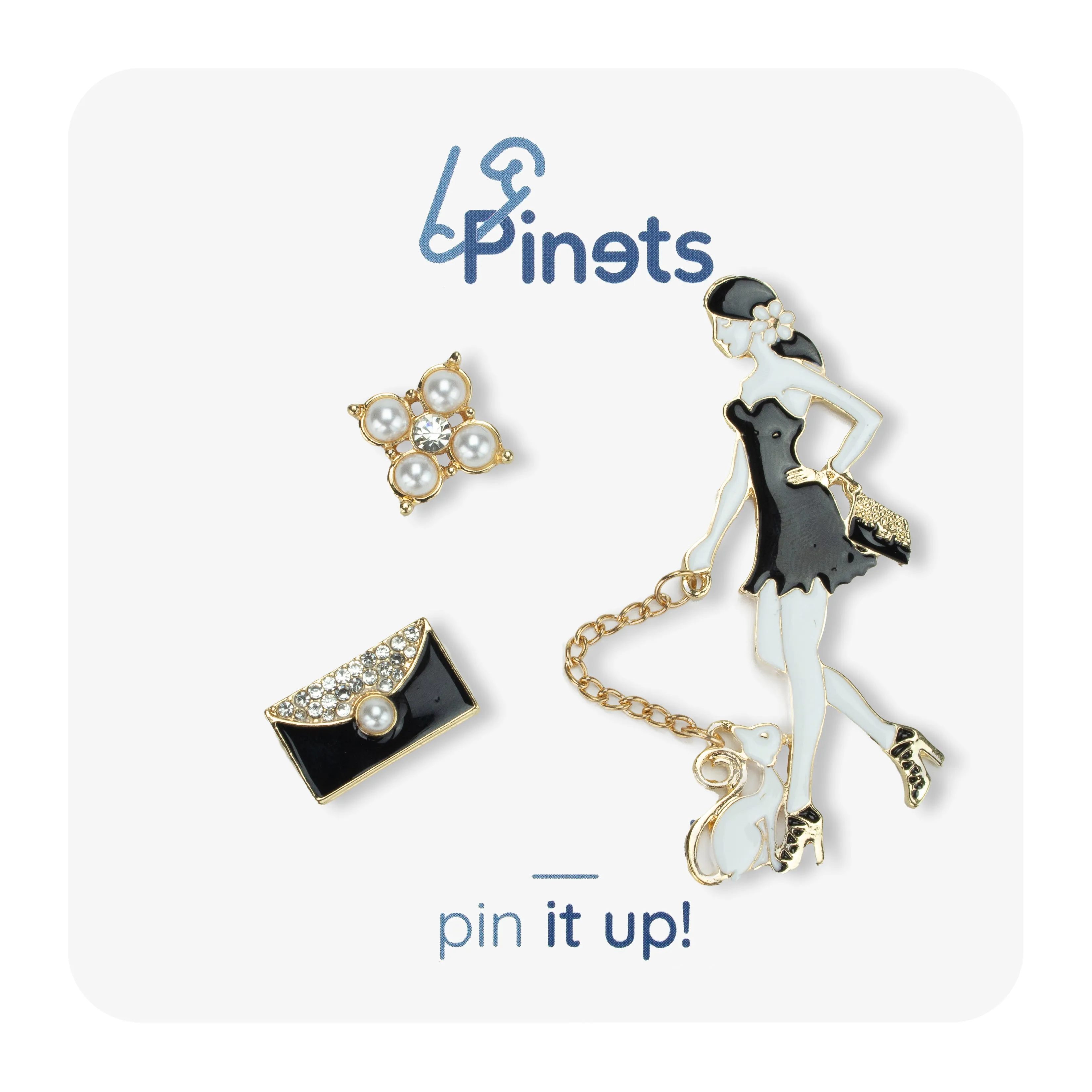 Set of 3 Brooches - Girl with a Cat, Ornament and Black Handbag
