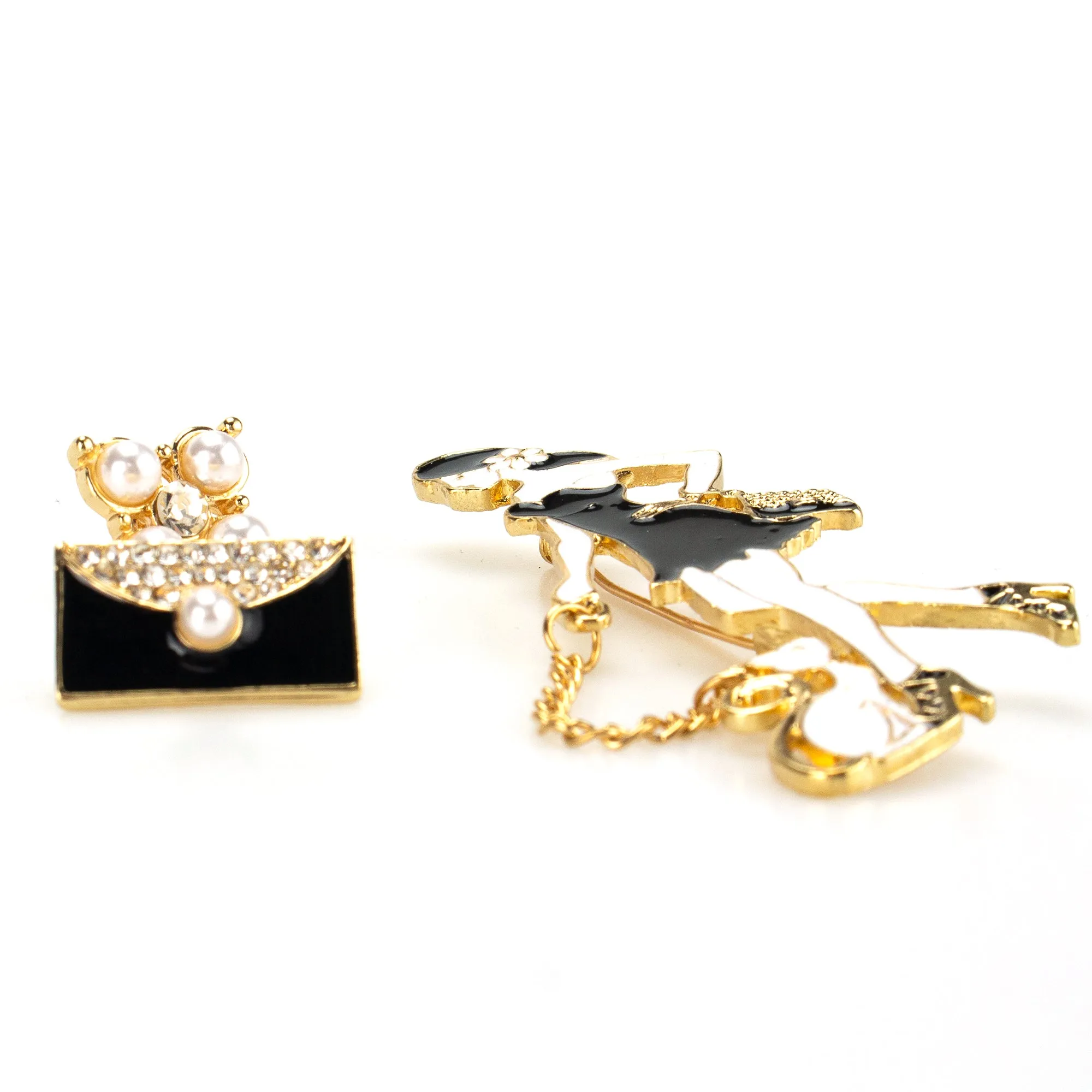 Set of 3 Brooches - Girl with a Cat, Ornament and Black Handbag